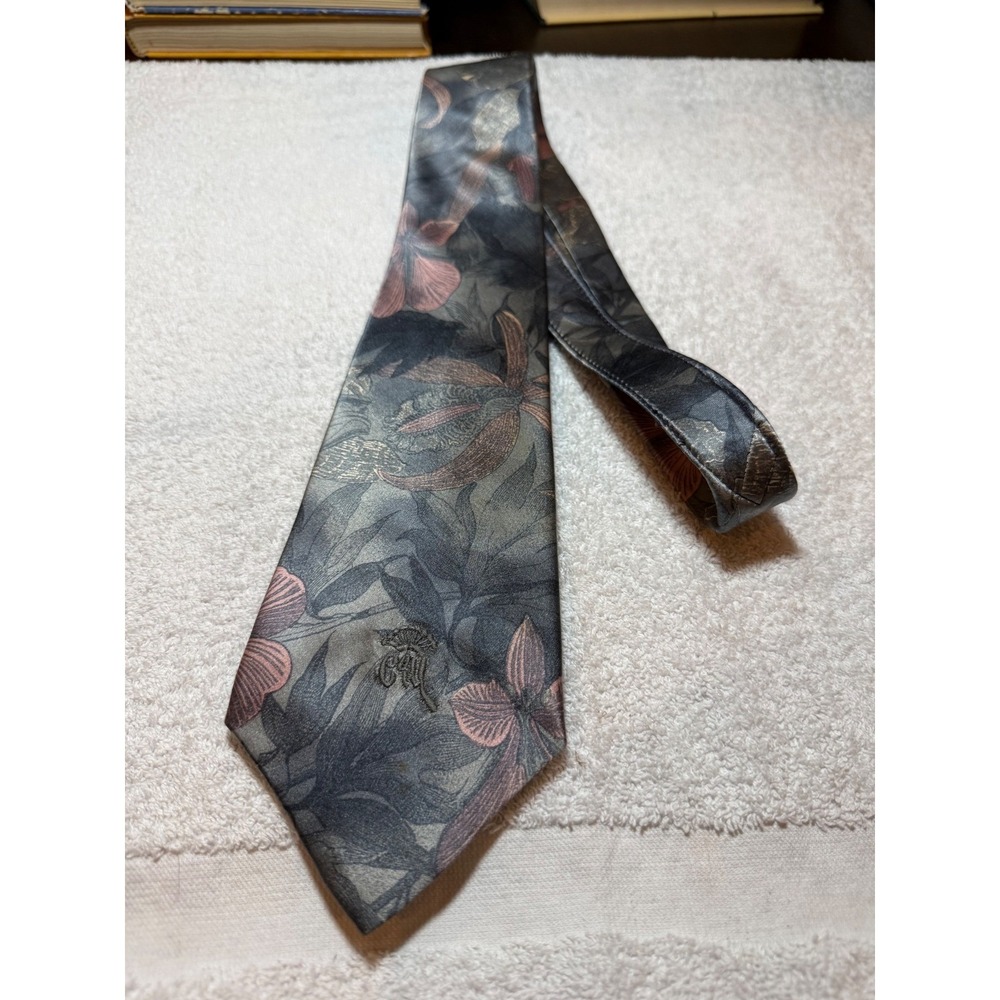 Countess Mara Sistine Satin Silk Tie Grey Mauve Floral Leaf Vintage Mens Tie